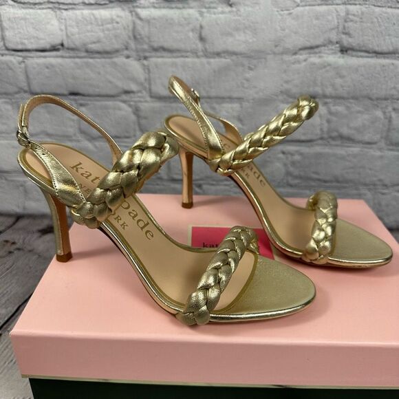 Kate Spade Saffron Heels Sandals Metallic Gold Braided in Pale Gold 6B NWT - Picture 1 of 6